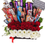 Mix of chocolate and flowers in a box